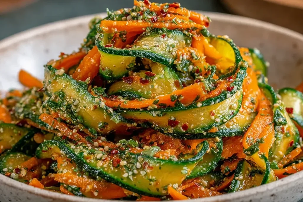 Cucumber Carrot Salad with sesame seeds, parsley, and a zesty lemon-garlic chili dressing in a bowl.