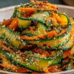 Cucumber Carrot Salad with sesame seeds, parsley, and a zesty lemon-garlic chili dressing in a bowl.