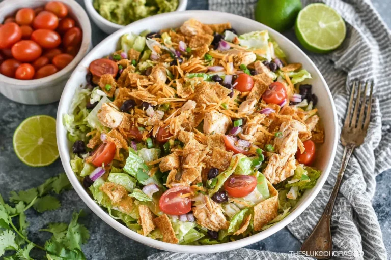 Taco Chicken Salad in a bowl with romaine, shredded chicken, black beans, tomatoes, cheddar, tortilla strips, and fresh lime.