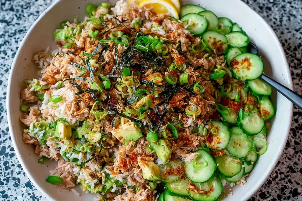 Tuna Avocado Crispy Rice Salad in a bowl with cucumber slices, flaky tuna, diced avocado, scallions, and seaweed on rice