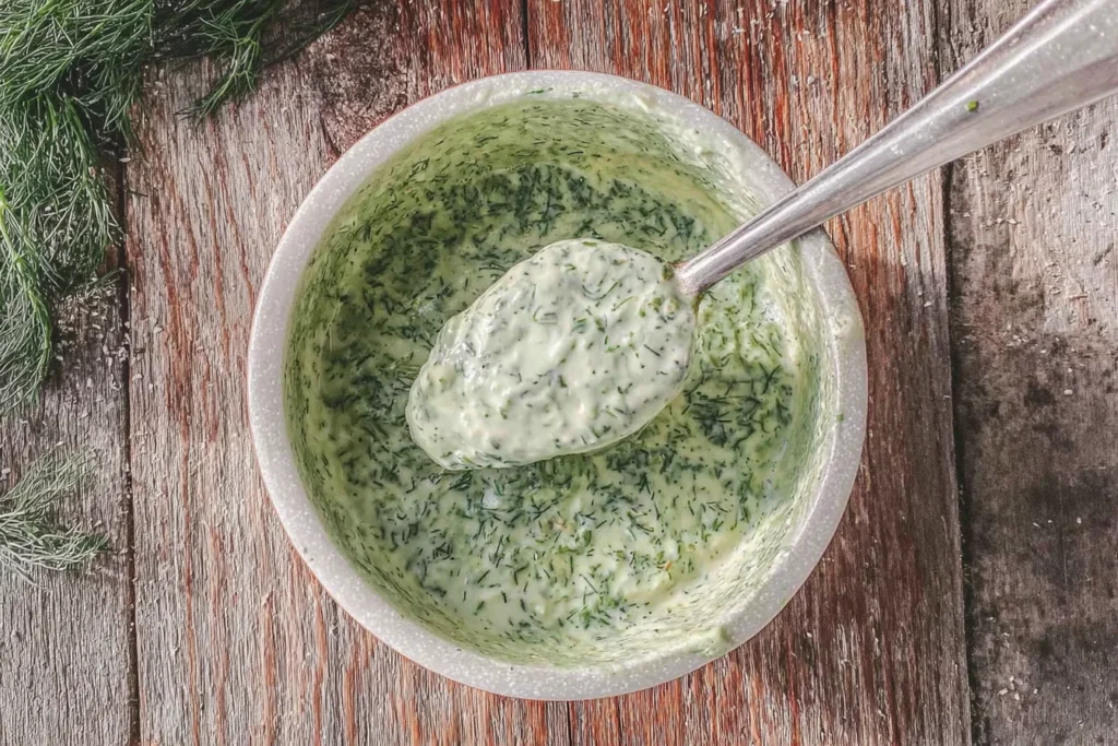 Creamy dill Greek yogurt sauce in a bowl with a spoon, served alongside Mediterranean Grilled Chicken Thighs.