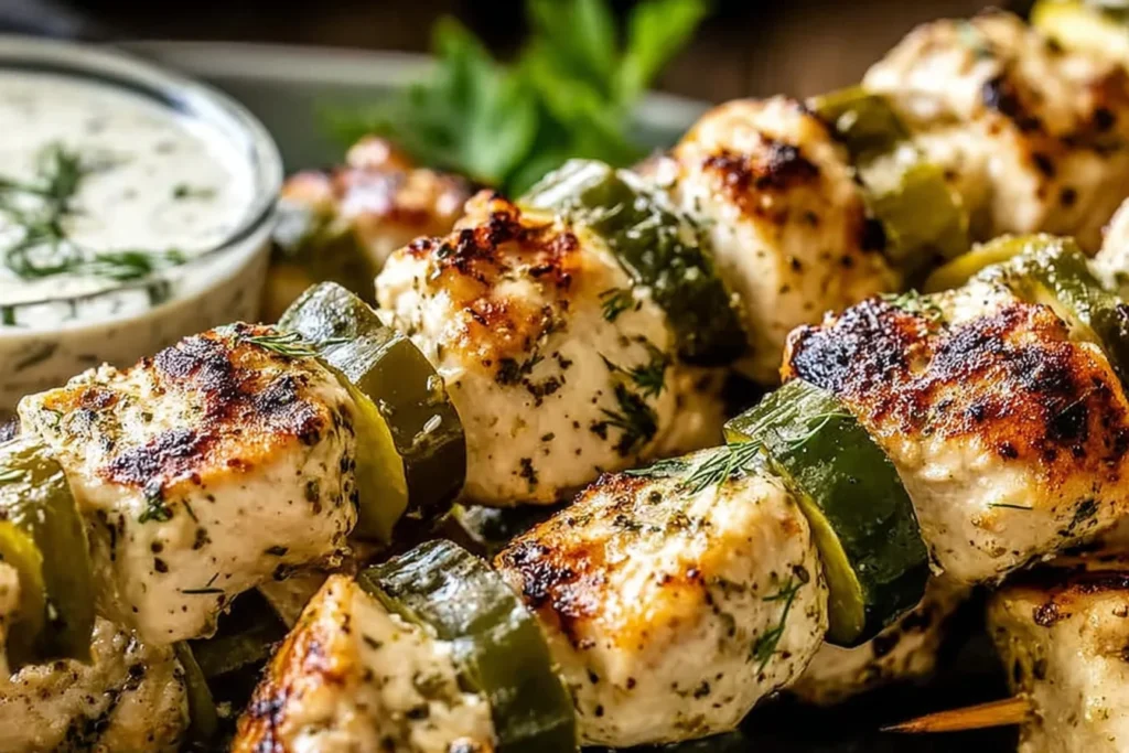 Dill Pickle Ranch Chicken Skewers with juicy grilled chicken, dill pickles, and a creamy ranch dipping sauce on the side.