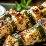 Dill Pickle Ranch Chicken Skewers with juicy grilled chicken, dill pickles, and a creamy ranch dipping sauce on the side.