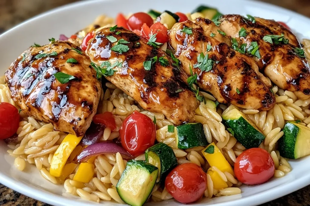 Balsamic Chicken & Veggie Orzo in a white bowl with glazed chicken breasts, orzo pasta, cherry tomatoes, zucchini, peppers, and herbs.