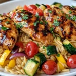 Balsamic Chicken & Veggie Orzo in a white bowl with glazed chicken breasts, orzo pasta, cherry tomatoes, zucchini, peppers, and herbs.