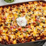 Enchilada Casserole in a baking dish with melted cheese, black beans, and a dollop of sour cream, topped with cilantro and diced onions.