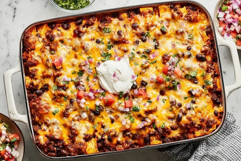 Enchilada Casserole in a baking dish with melted cheese, black beans, and a dollop of sour cream, topped with cilantro and diced onions.