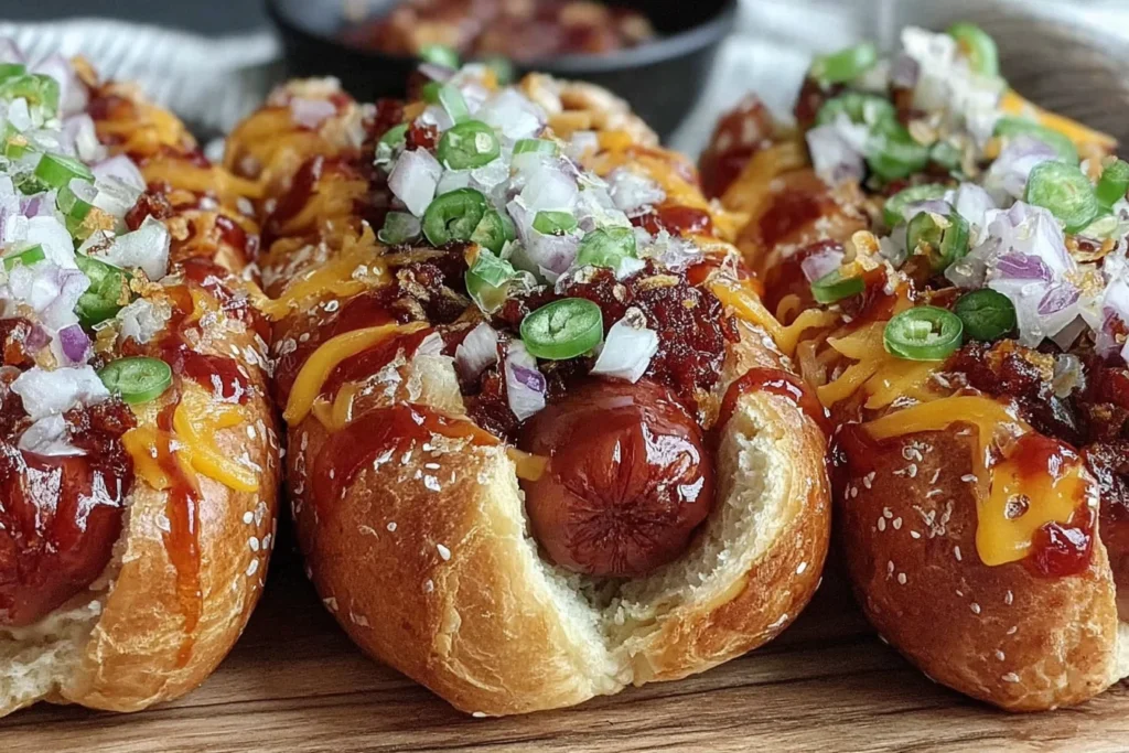 Firecracker Hot Dogs in toasted buns topped with melted cheddar, diced red onion, sliced jalapeños, and a glossy spicy-sweet sauce.