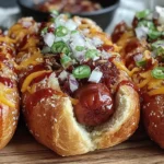 Firecracker Hot Dogs in toasted buns topped with melted cheddar, diced red onion, sliced jalapeños, and a glossy spicy-sweet sauce.