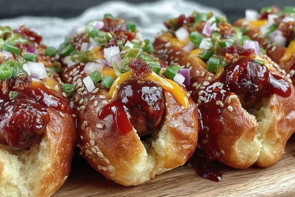 Firecracker Hot Dogs on toasted sesame buns with spicy-sweet sauce, melted cheddar, diced red onion, and sliced jalapeños.