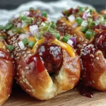 Firecracker Hot Dogs on toasted sesame buns with spicy-sweet sauce, melted cheddar, diced red onion, and sliced jalapeños.