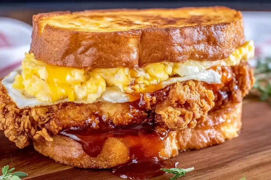 French Toast Fried Chicken Sandwich with crispy fried chicken, fluffy scrambled eggs, melted cheese, and sweet maple glaze on golden French toast.