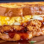 French Toast Fried Chicken Sandwich with crispy fried chicken, fluffy scrambled eggs, melted cheese, and sweet maple glaze on golden French toast.