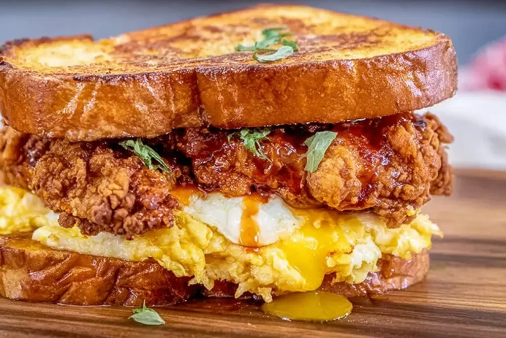 French Toast Fried Chicken Sandwich stacked with crispy fried chicken, fluffy scrambled eggs, melted cheese, and maple drizzle on golden French toast.