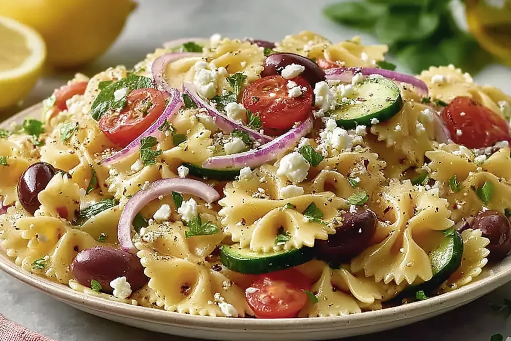 Feta Mediterranean Pasta Salad on a plate with farfalle pasta, crumbled feta, cucumber slices, cherry tomatoes, kalamata olives, red onion, parsley, and lemony vinaigrette.