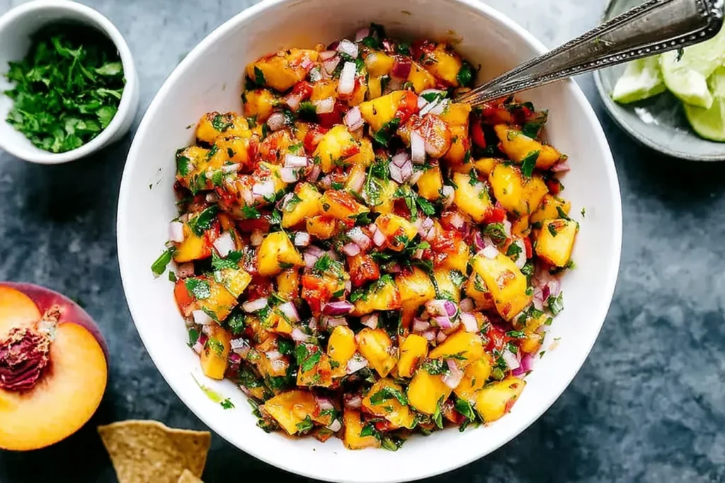 Fresh peach salsa for Peach Salsa Chicken in a white bowl, made with diced peaches, red onion, jalapeño, cilantro, and lime.
