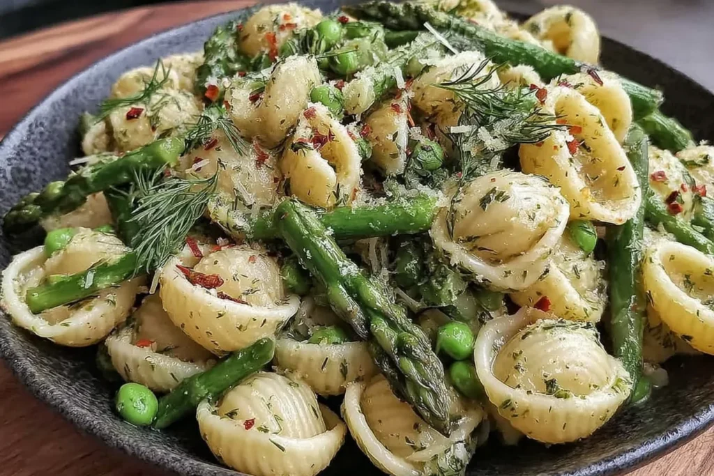 Fresh Spring Pasta Salad Recipe in a bowl with shell pasta, asparagus, peas, dill, and lemony vinaigrette, topped with parmesan and red pepper flakes.