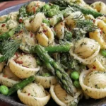 Fresh Spring Pasta Salad Recipe in a bowl with shell pasta, asparagus, peas, dill, and lemony vinaigrette, topped with parmesan and red pepper flakes.