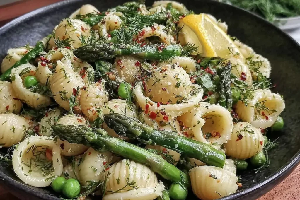Fresh Spring Pasta Salad Recipe in a black bowl with shell pasta, asparagus, peas, fresh dill, parmesan, red pepper flakes, and a lemon wedge.