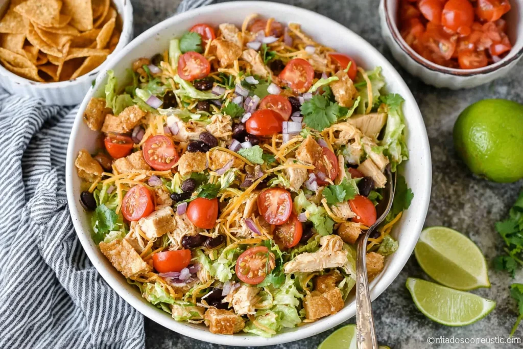 Taco Chicken Salad with romaine lettuce, shredded chicken, black beans, cherry tomatoes, cheddar, cilantro, and crunchy tortilla strips with fresh lime.