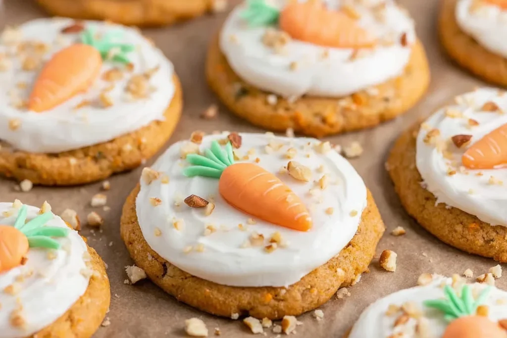 Carrot Cake Cookies topped with cream cheese frosting, chopped nuts, and cute piped carrot decorations on a baking sheet.