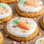 Carrot Cake Cookies topped with cream cheese frosting, chopped nuts, and cute piped carrot decorations on a baking sheet.