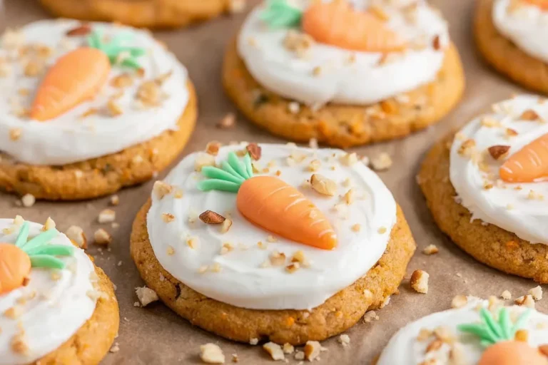 Carrot Cake Cookies topped with cream cheese frosting, chopped nuts, and cute piped carrot decorations on a baking sheet.