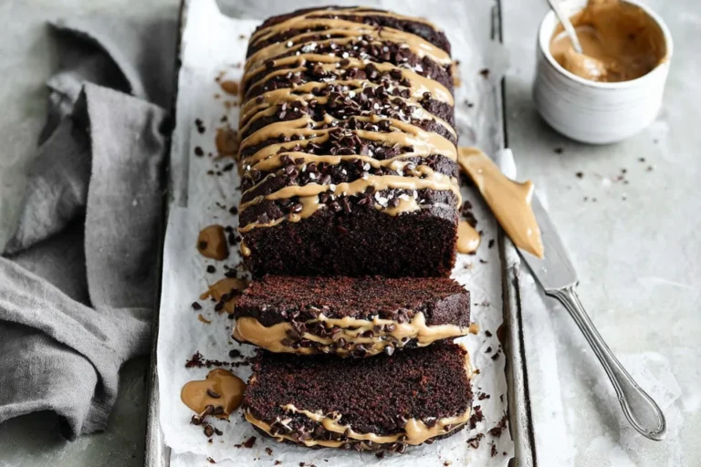 Chocolate Peanut Butter Banana Bread loaf sliced on parchment paper with creamy peanut butter drizzle and chocolate chips.