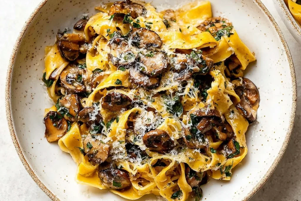 Garlic Mushroom Pasta with pappardelle, sautéed cremini mushrooms, parmesan, and parsley in a buttery garlic sauce.