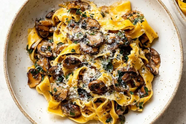 Garlic Mushroom Pasta with pappardelle, sautéed cremini mushrooms, parmesan, and parsley in a buttery garlic sauce.