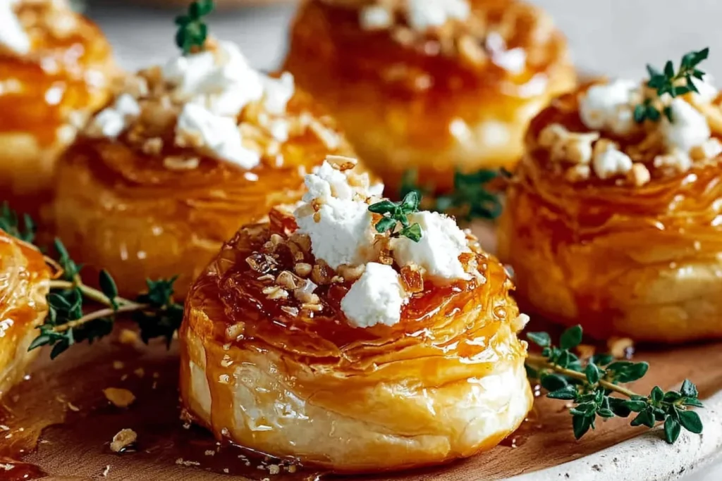 Goat Cheese and Honey Bites on flaky puff pastry, topped with crumbled goat cheese, chopped nuts, fresh thyme, and a glossy honey drizzle.
