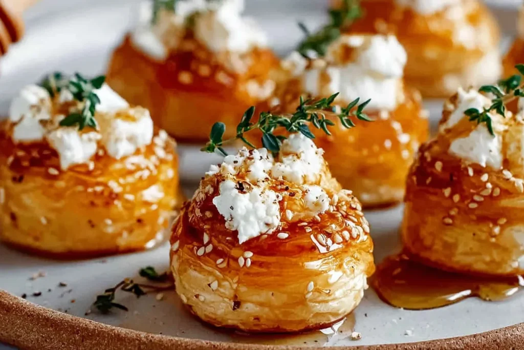 Goat Cheese and Honey Bites on puff pastry rounds, topped with creamy goat cheese, thyme, sesame seeds, and a honey drizzle on a serving plate.