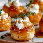 Goat Cheese and Honey Bites on puff pastry rounds, topped with creamy goat cheese, thyme, sesame seeds, and a honey drizzle on a serving plate.