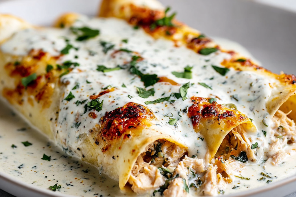 High Protein Chicken Enchiladas With White Sauce smothered in creamy herb sauce, baked until golden, and filled with shredded chicken.