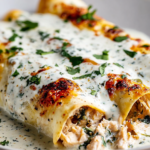 High Protein Chicken Enchiladas With White Sauce smothered in creamy herb sauce, baked until golden, and filled with shredded chicken.