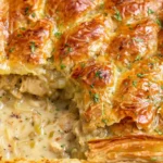 Chicken and Leek Pie with golden puff pastry crust and creamy chicken-leek filling, baked until crisp and flaky.