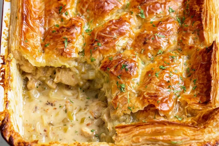 Chicken and Leek Pie with golden puff pastry crust and creamy chicken-leek filling, baked until crisp and flaky.