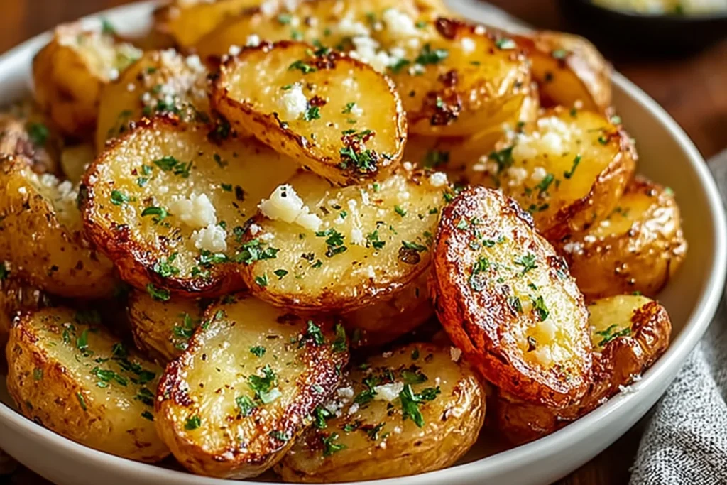 Authentic Greek Potatoes roasted golden and crispy with lemon, garlic, oregano, and a sprinkle of herbs and feta in a white bowl.