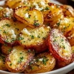 Authentic Greek Potatoes roasted golden and crispy with lemon, garlic, oregano, and a sprinkle of herbs and feta in a white bowl.