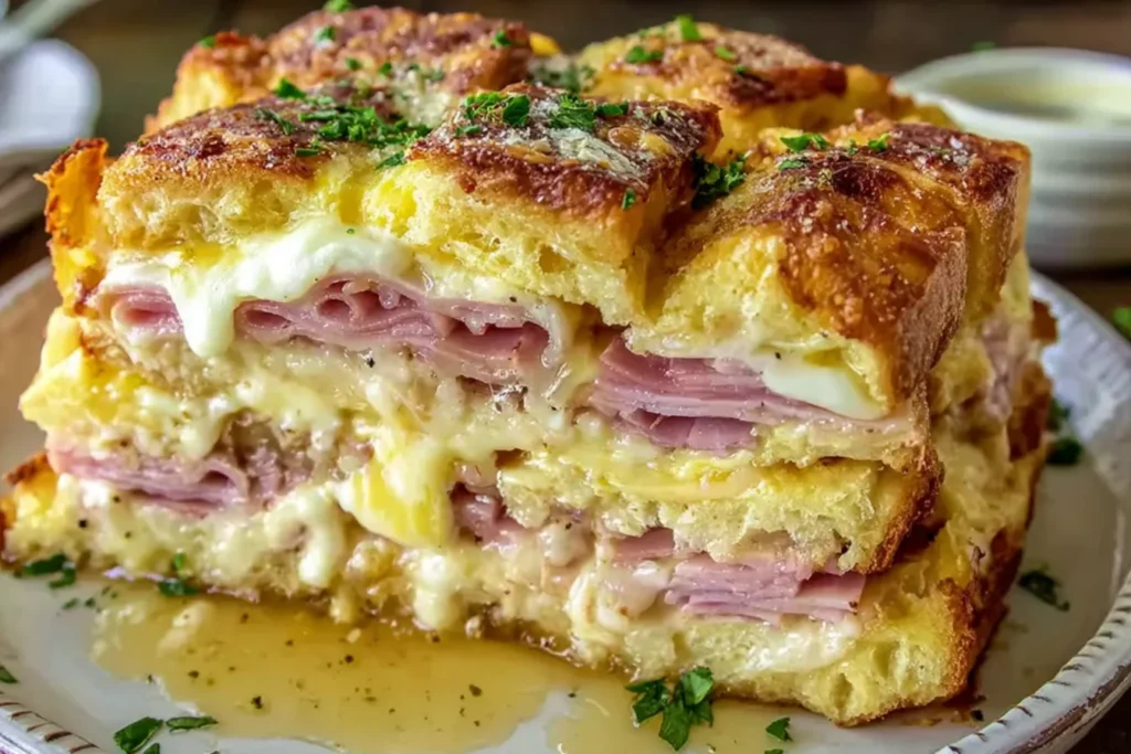 Close-up of Monte Cristo Breakfast Casserole with fluffy bread, layered ham, and melted Swiss cheese, served with a drizzle of syrup and herbs.