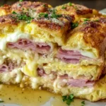 Close-up of Monte Cristo Breakfast Casserole with fluffy bread, layered ham, and melted Swiss cheese, served with a drizzle of syrup and herbs.