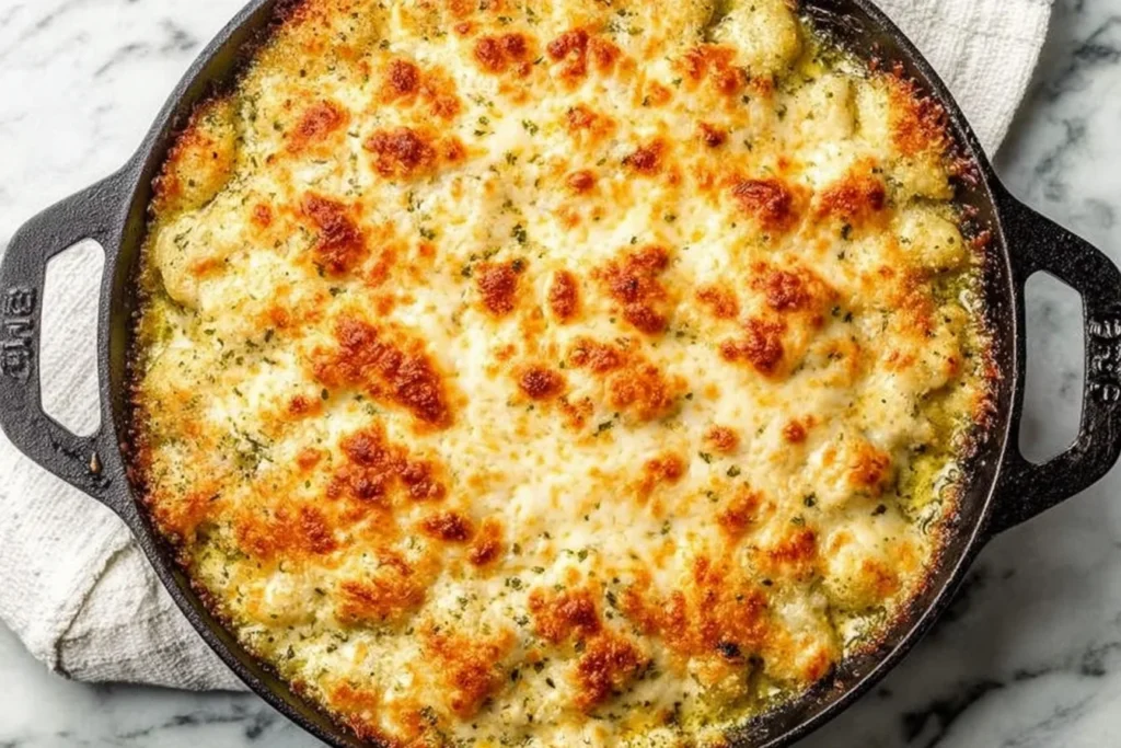 Freshly baked Pesto Chicken Gnocchi Bake in a cast-iron skillet with a golden, bubbly mozzarella and parmesan topping.