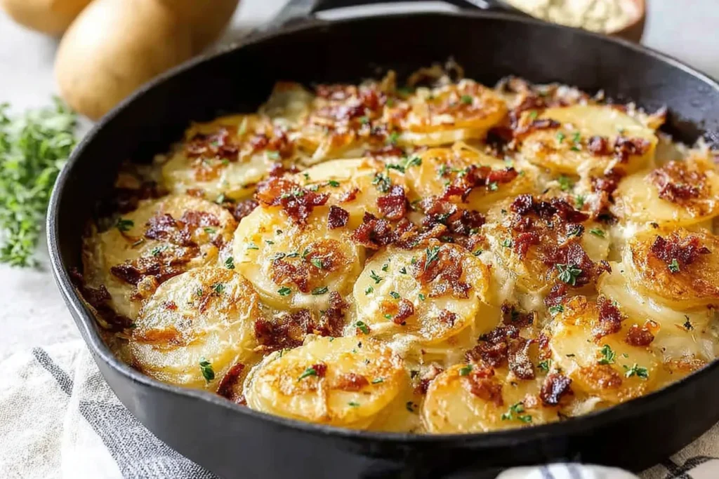 Crispy Irish Pan Haggerty Potatoes in a cast-iron skillet with bacon, caramelized onions, and melted Dubliner cheese, finished with parsley.