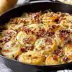 Crispy Irish Pan Haggerty Potatoes in a cast-iron skillet with bacon, caramelized onions, and melted Dubliner cheese, finished with parsley.