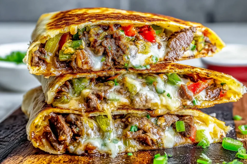 Philly Cheesesteak Quesadilla stacked in halves with juicy steak, sautéed peppers and onions, and melted provolone in a crispy golden tortilla.