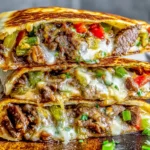 Philly Cheesesteak Quesadilla stacked in halves with juicy steak, sautéed peppers and onions, and melted provolone in a crispy golden tortilla.