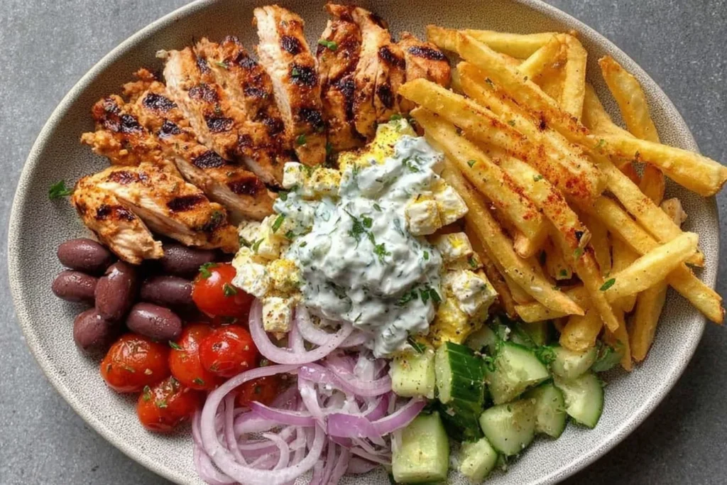 Greek Chicken Plate with Tzatziki & Fries with grilled sliced chicken, crispy fries, creamy tzatziki, cucumber, tomatoes, olives, and red onion.
