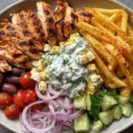 Greek Chicken Plate with Tzatziki & Fries with grilled sliced chicken, crispy fries, creamy tzatziki, cucumber, tomatoes, olives, and red onion.