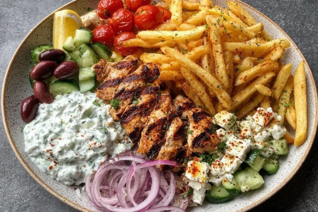 Greek Chicken Plate with Tzatziki & Fries featuring grilled chicken, crispy fries, creamy tzatziki, feta-cucumber salad, olives, tomatoes, red onion, and lemon wedge.