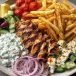 Greek Chicken Plate with Tzatziki & Fries featuring grilled chicken, crispy fries, creamy tzatziki, feta-cucumber salad, olives, tomatoes, red onion, and lemon wedge.